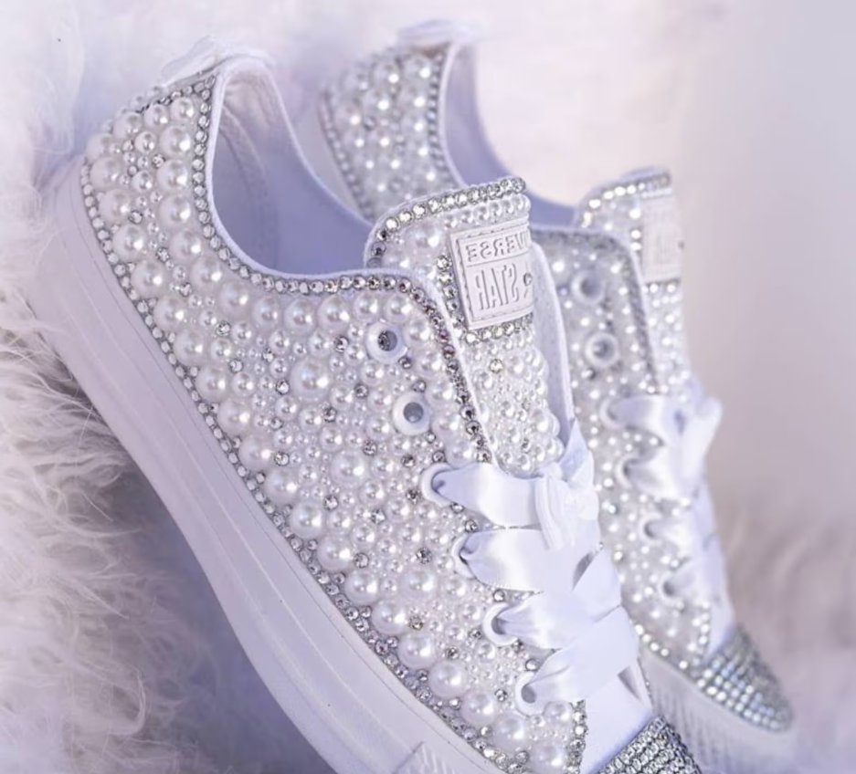 Pearl and Rhinestone Special Occasion Sneakers with ribbon laces ...